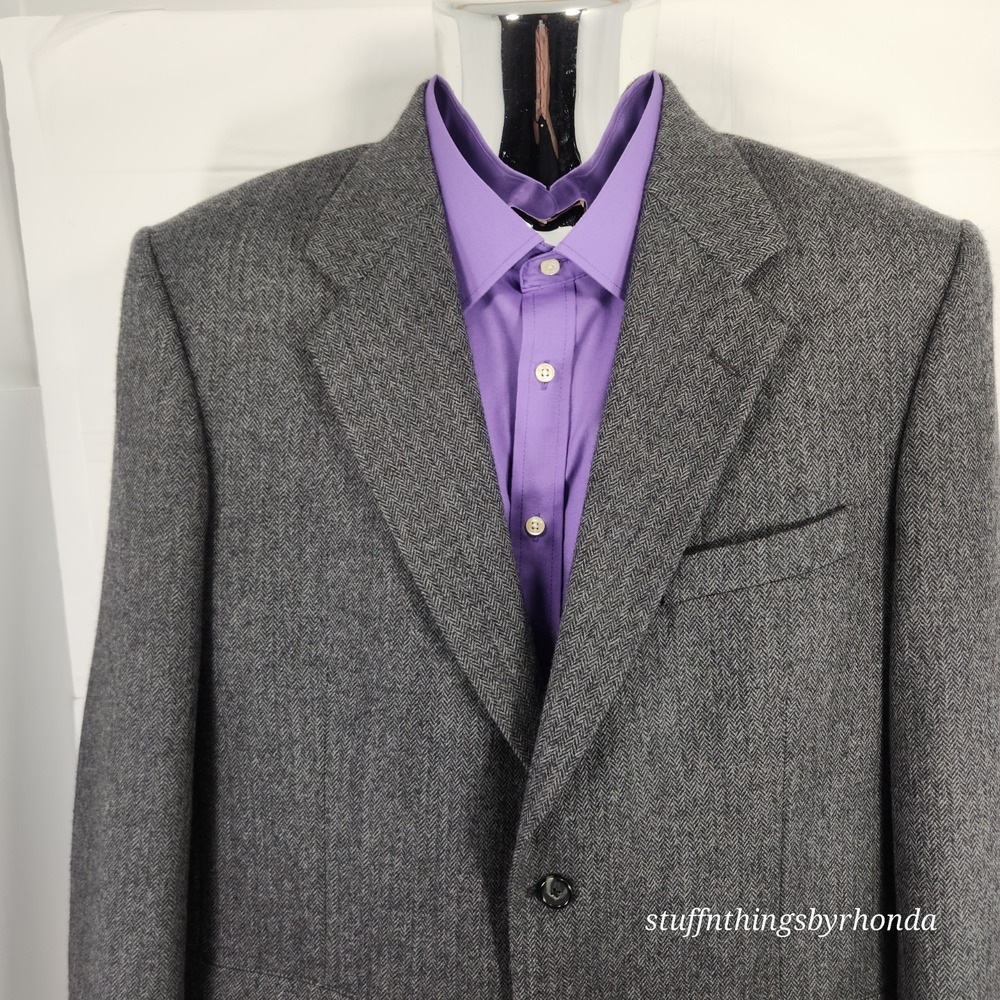 RBM 42R Wool Mens Blazer Gray Herringbone Suit Jacket Sport Coat Fully Lined